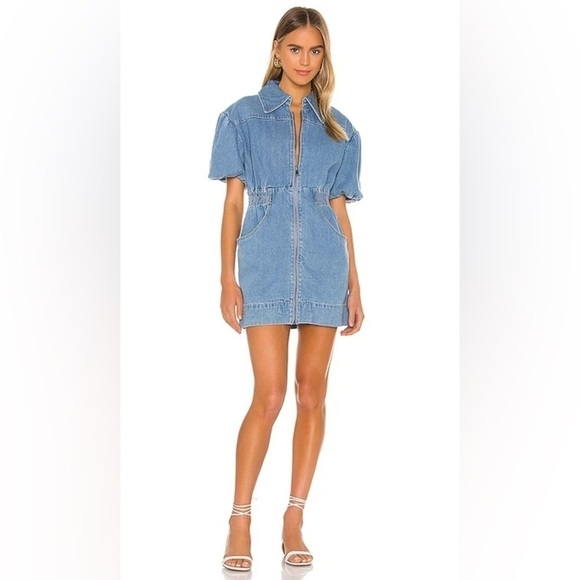 C/MEO COLLECTIVE Peripheral Mini Dress Blue Denim Short Sleeve Zip Front Medium - Picture 1 of 11